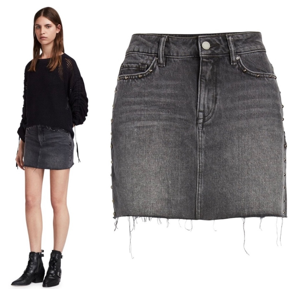 ALLSAINTS Black Raw Hem Studded Denim Mini Skirt Size US 6 - Picture 7 of 7